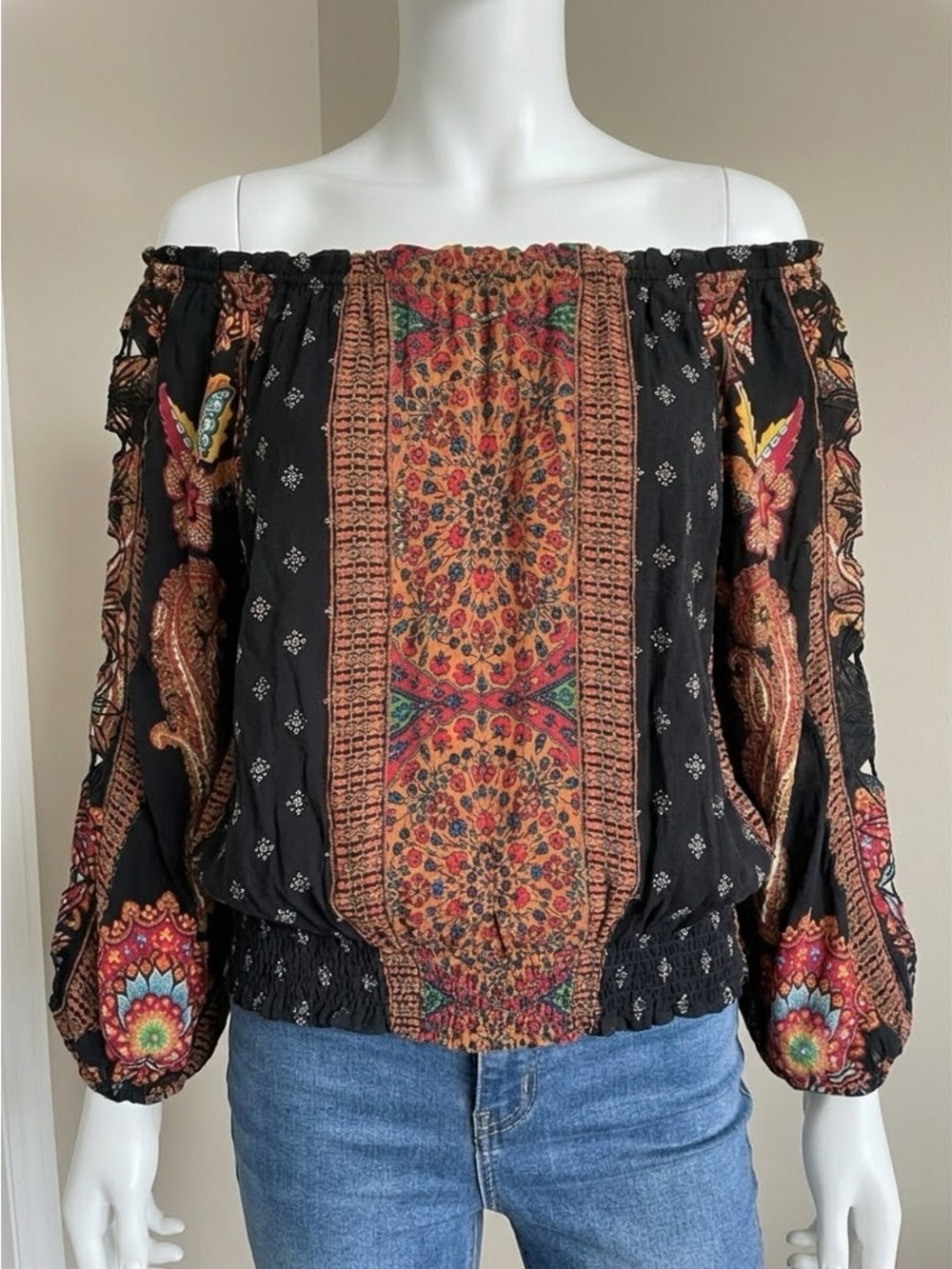 Desigual Boho Off Shoulder Paisley Floral Print Cutout Long Sleeve Top Size S